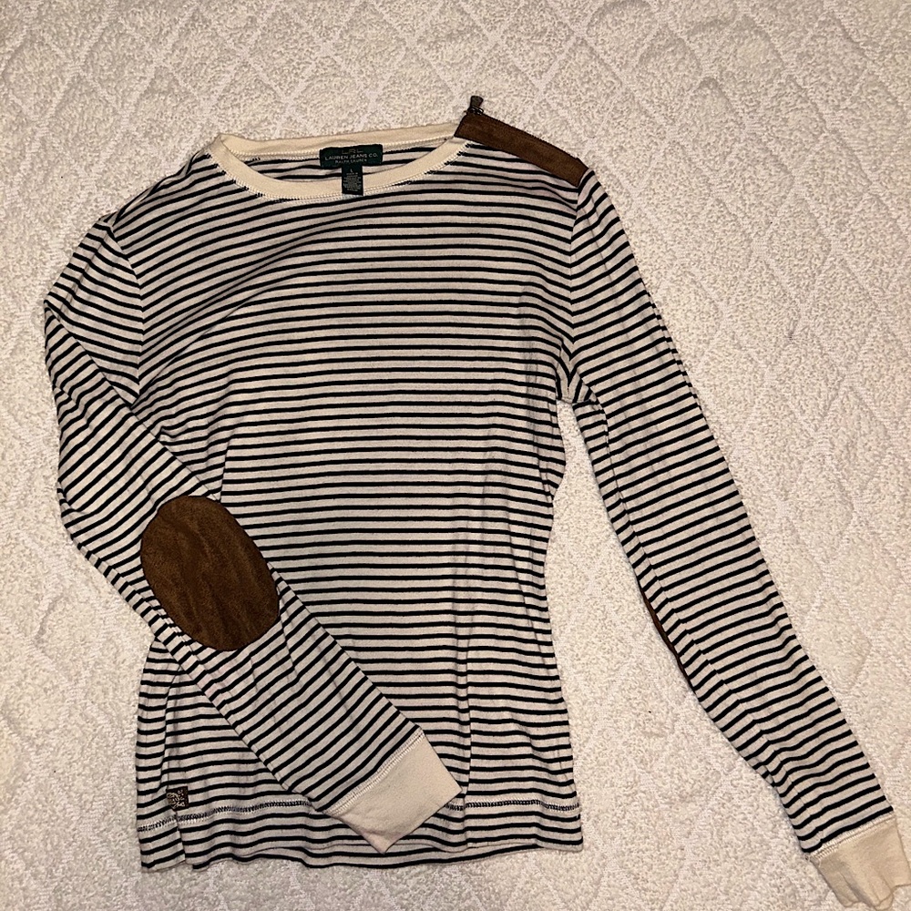 Lauren Ralph Lauren Navy Cream Striped Long Sleeve Shirt with Faux Suede Patches